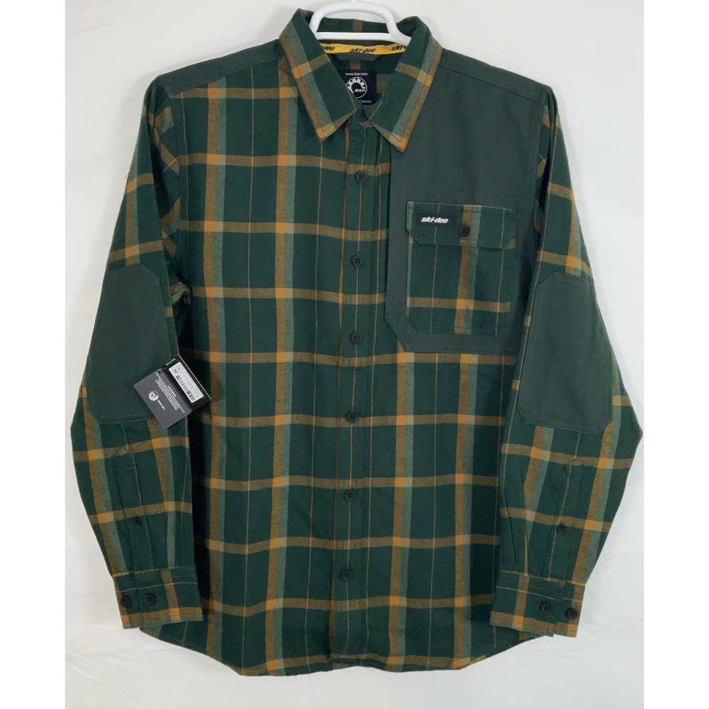NWT Men's Ski-Doo Plaid Flannel Button Shirt Pockets Elbow Patch Green‎ Gold - M